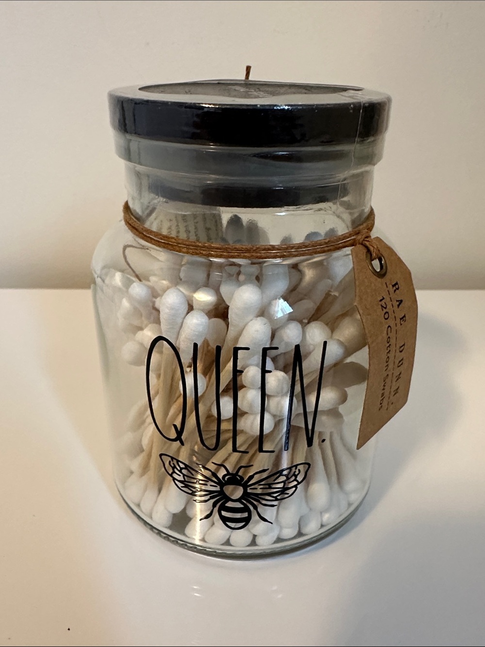Rae Dunn Glass 'QUEEN' Cotton Swab Jar with Black Lid